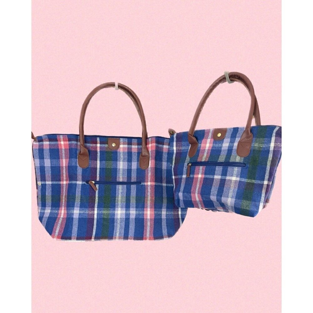 Woman Within Blue-Pink Plaid Flannel Faux Leather Handles 2 Piece Tote Set